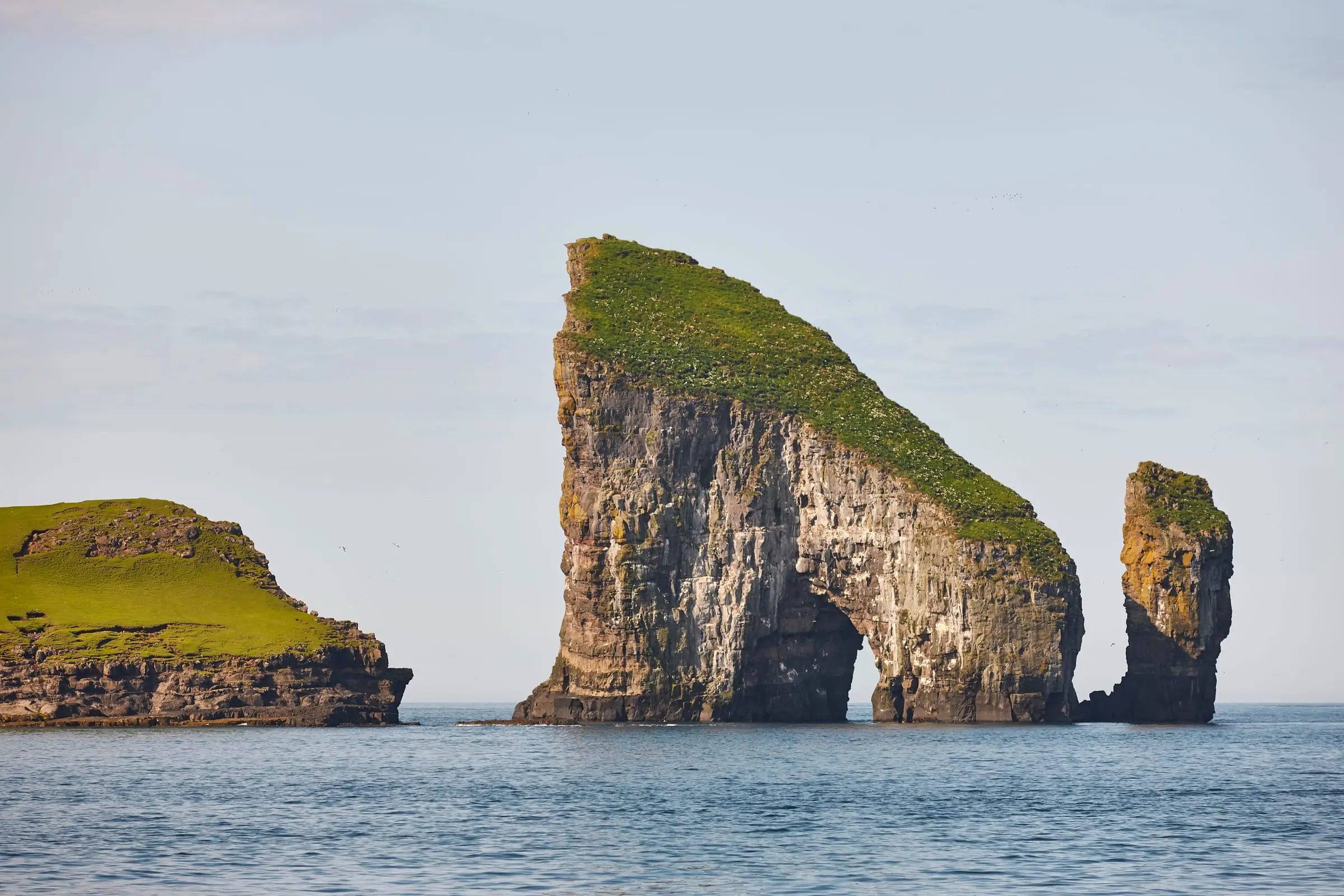 The Drangarnir sea stacks and the islet of Tindhólmur