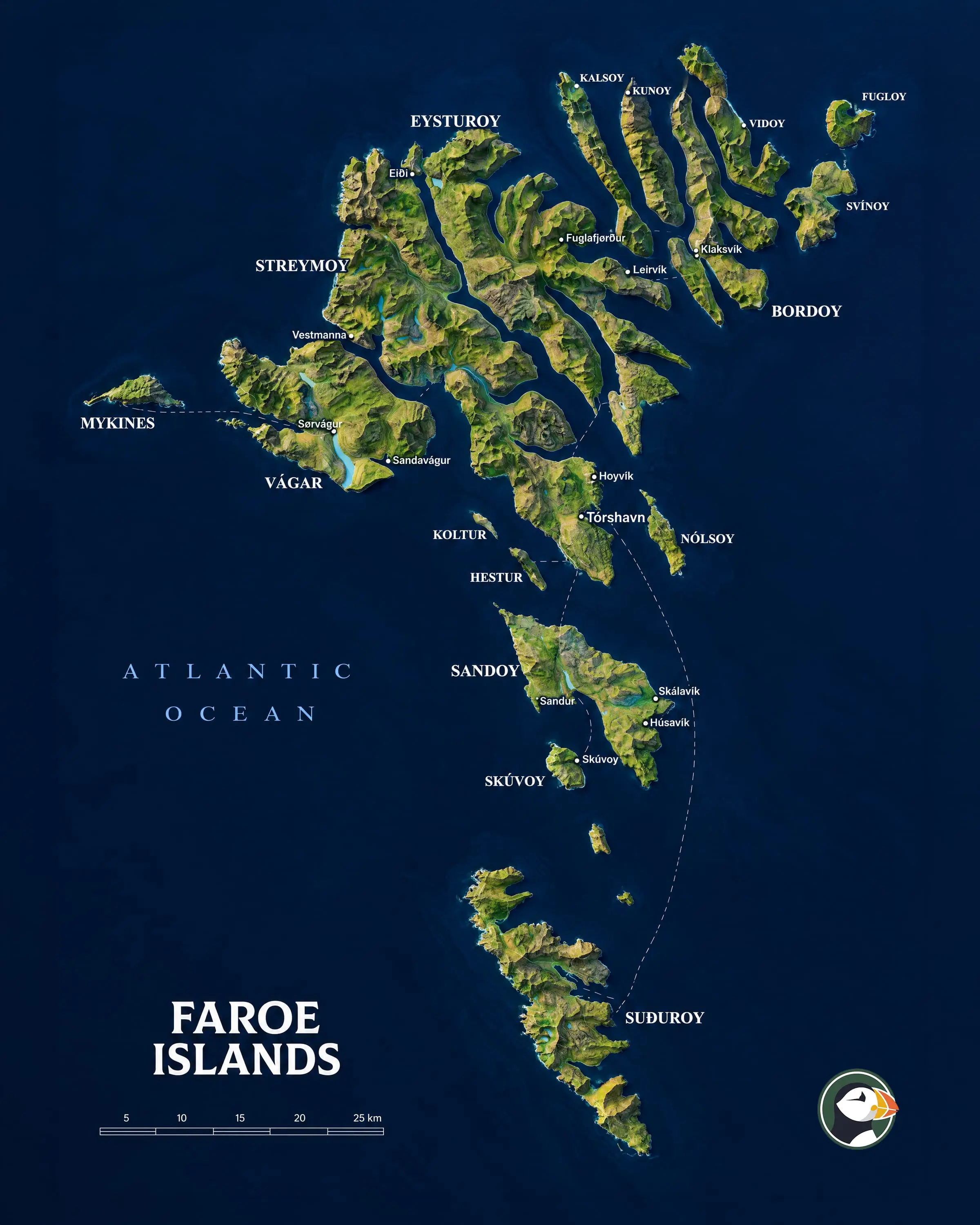 Vista aérea de varias islas del archipiélago feroés